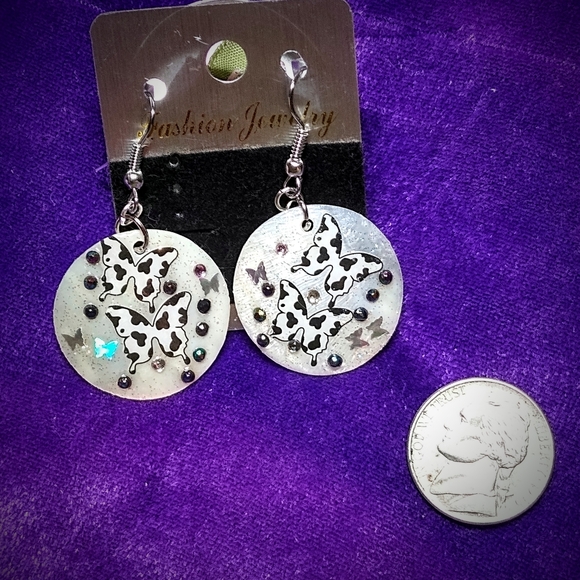 Cow Print Butterfly Sparkly Earrings - Picture 5 of 8